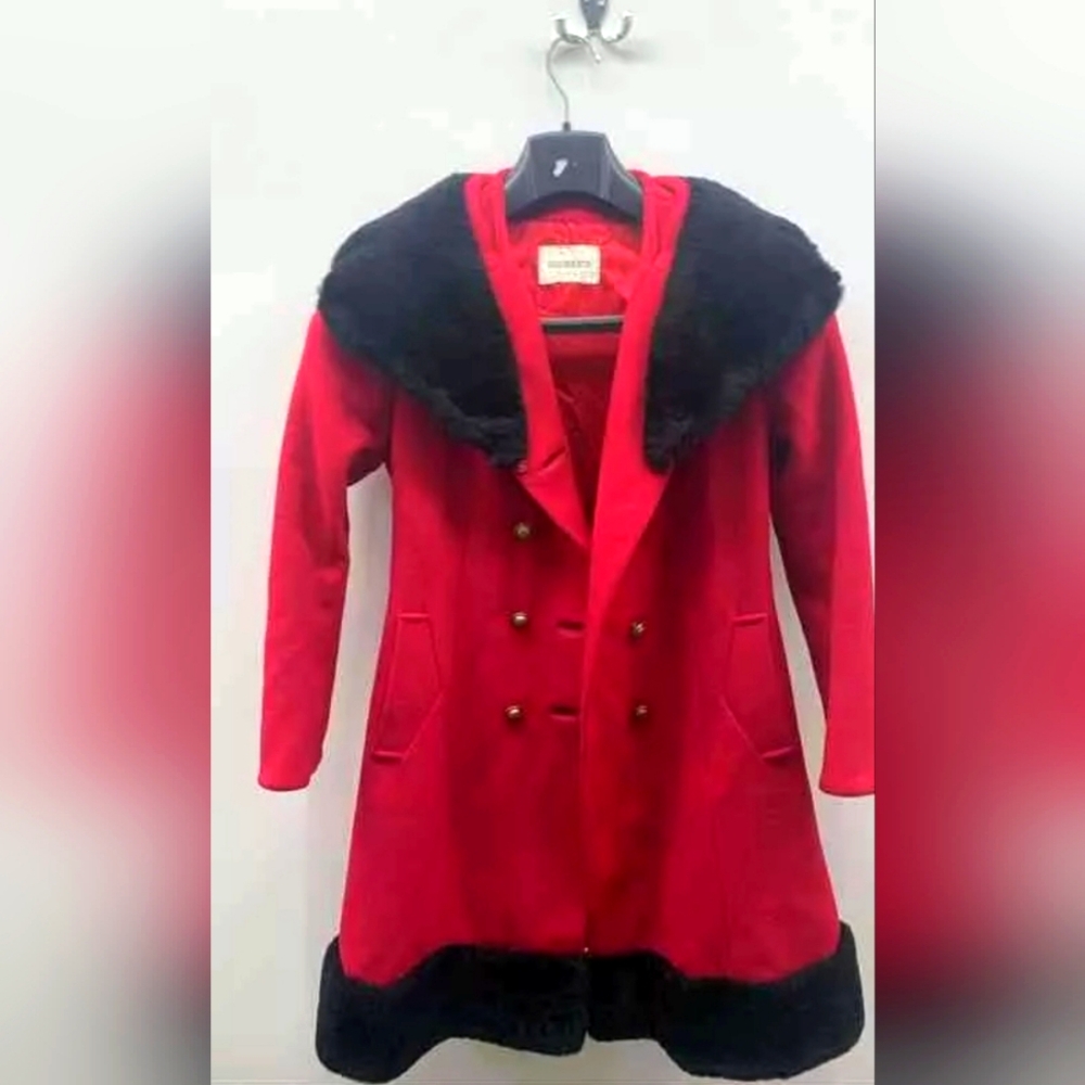 Higbee's Del Shire Designer Women Red Pink Black Fur Pea Coat Jacket N/A